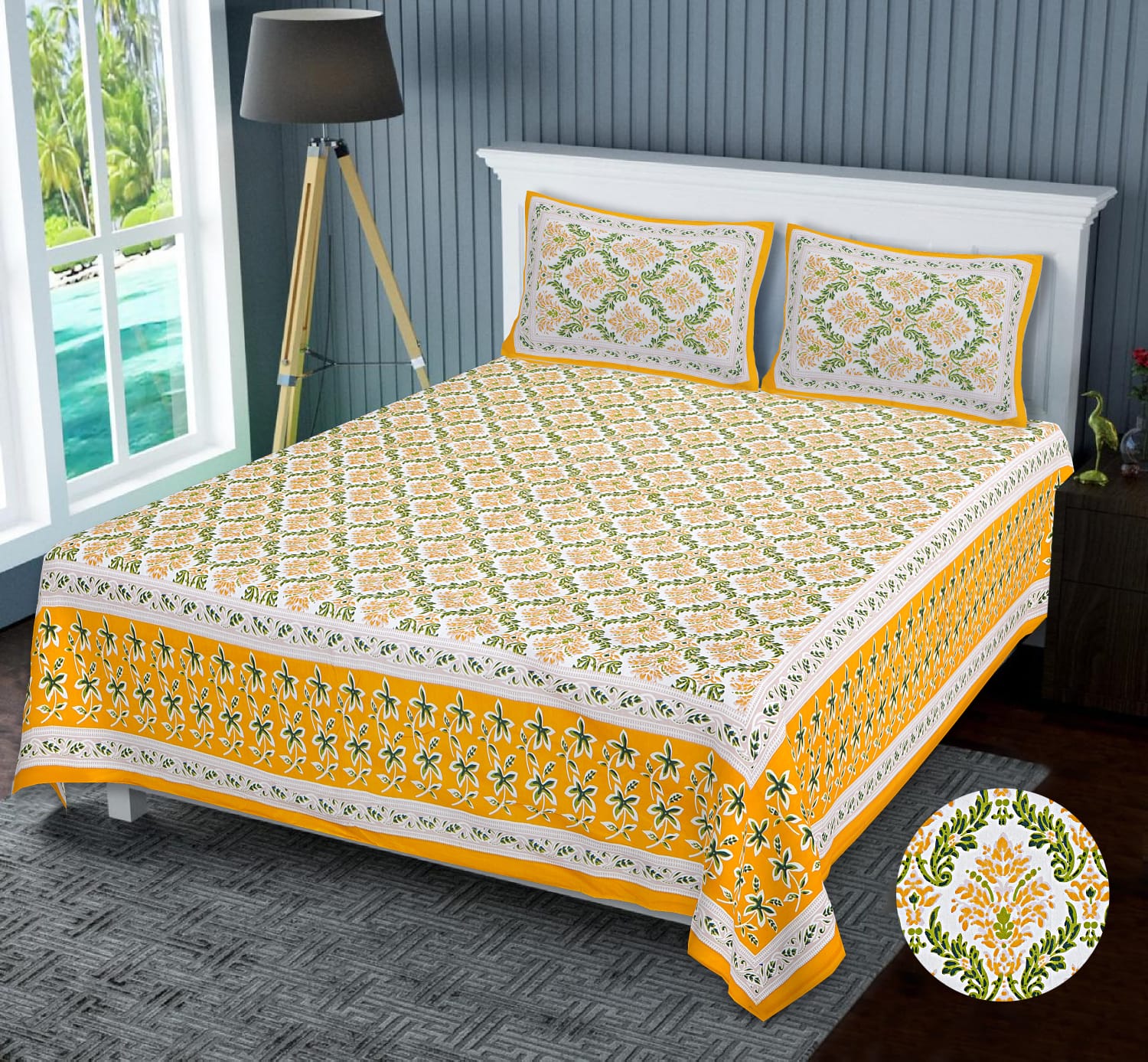 Niruva Yellow and Green Jaipuri Floral Print Cotton Double Bedsheet With 2 Pillow Covers